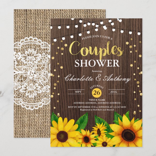 Sunflower wood couples shower invitation rustic (Front/Back)