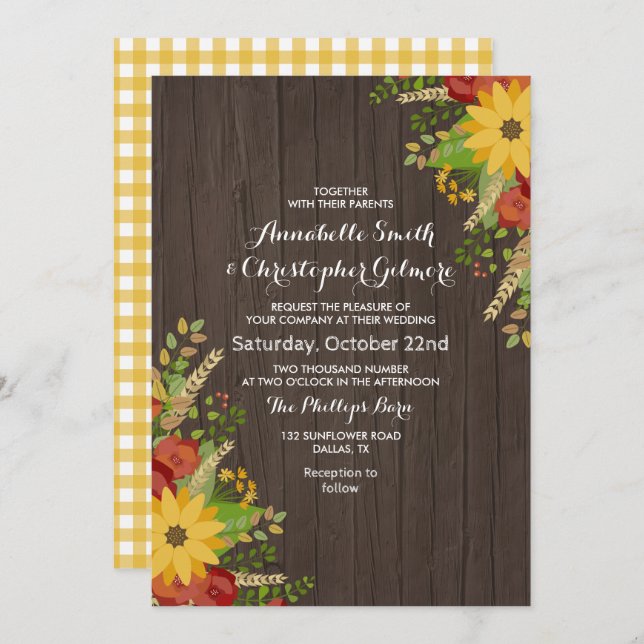 Sunflower & Wood Grain Rustic Wedding Invitation (Front/Back)