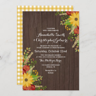 Sunflower & Wood Grain Rustic Wedding Invitation