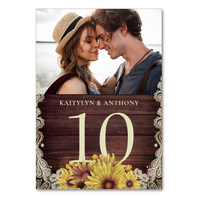 Sunflower Wood Ivory Lace Photo Wedding Table Number (Front)