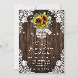Sunflower Wood Mason Jar Floral Lace Wedding Invitation