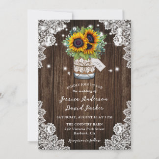 Sunflower Wood Mason Jar Floral Lace Wedding Invitation
