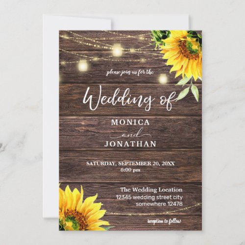  Sunflower Wood  Mason Jar String Lights Wedding  Invitation