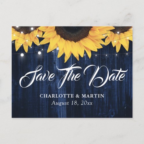 Sunflower Wood Navy Blue Wedding Save The Date Announcement Postcard