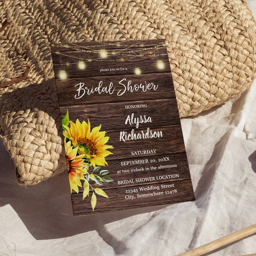 Sunflower Wood  String Lights Bridal Shower Invitation