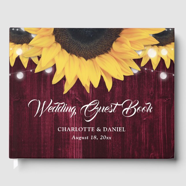 Sunflower Wood String Lights Burgundy Wedding Guest Book (Front)