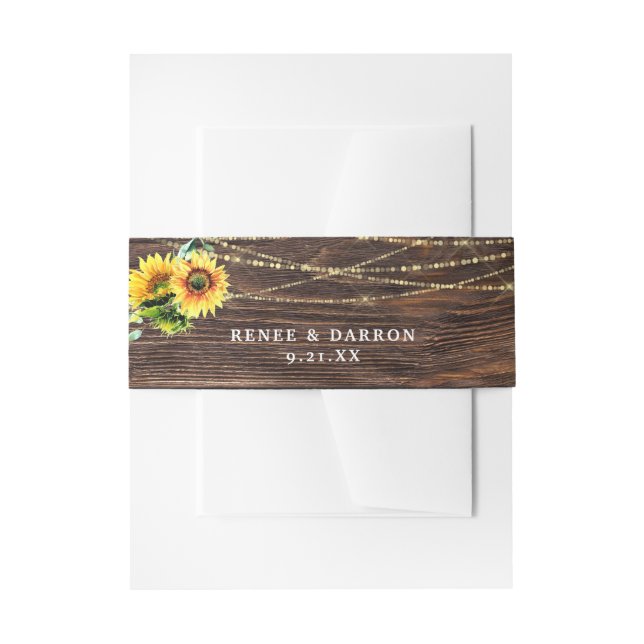 Sunflower, Wood & String Lights Floral Invitation Belly Band (Front Example)