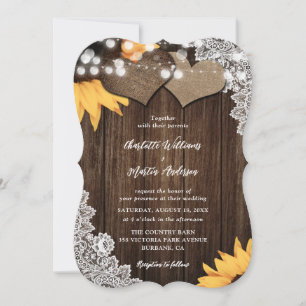 Sunflower Wood String Lights Floral Lace Wedding Invitation