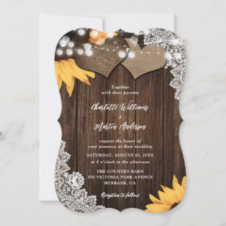 Sunflower Wood String Lights Floral Lace Wedding Invitation