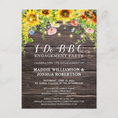 Sunflower Wood String Lights I Do BBQ Engagement Postcard