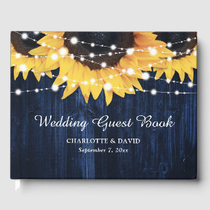 Sunflower Wood String Lights Navy Blue Wedding Guest Book