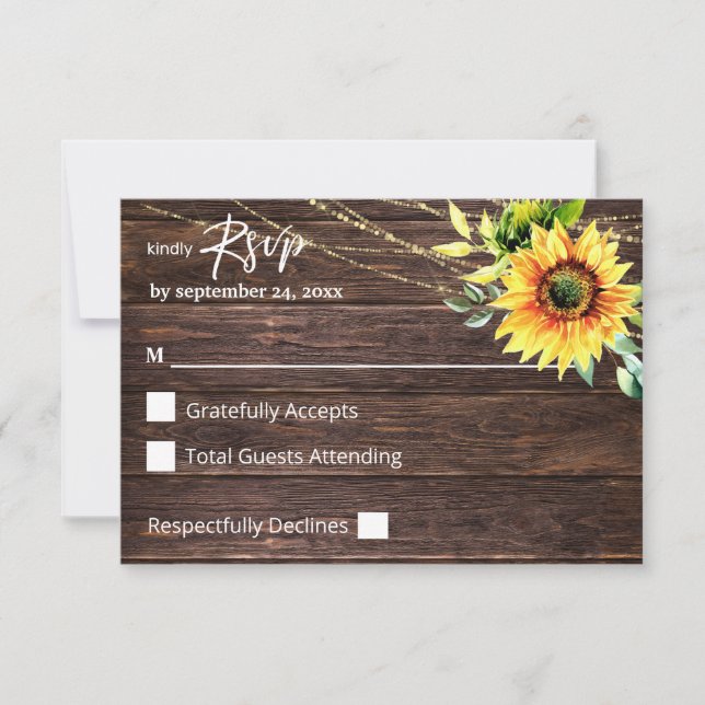Sunflower, Wood & String Lights no Meal RSVP Card (Front)
