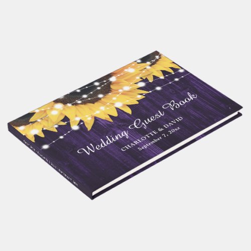 Sunflower Wood String Lights Purple Wedding Guest Book