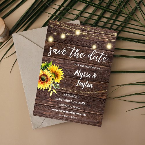 Sunflower Wood  String Lights Save the Date Invitation