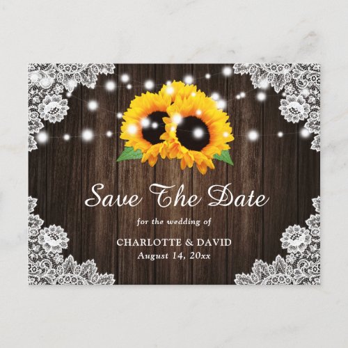 Sunflower Wood String Lights Wedding Save The Date Announcement Postcard