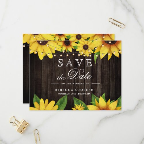 Sunflower Wood String Lights Wedding Save The Date Invitation Postcard