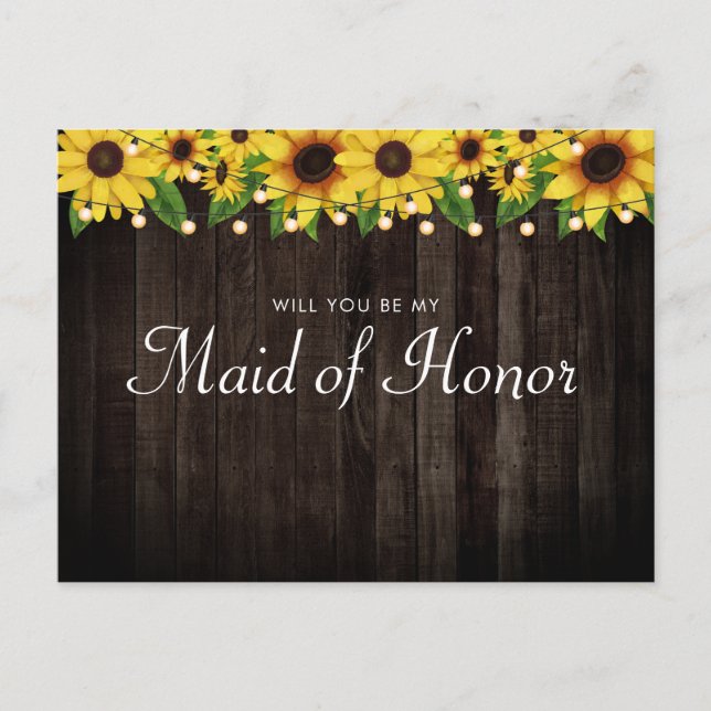Sunflower Wood String Maid Of Honor Proposal Invitation Postcard (Front)