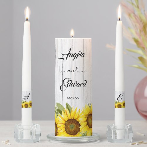 Sunflower Wooden Background Wedding Unity Candle Set