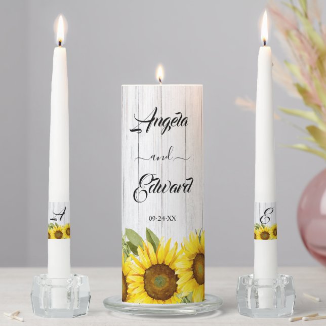 Sunflower Wooden Background Wedding Unity Candle Set (In Situ)