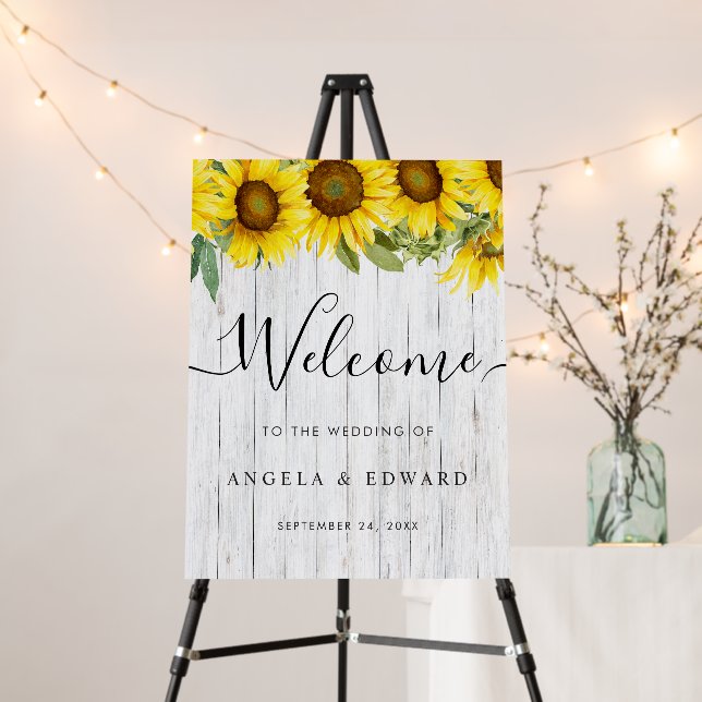 Sunflower Wooden Background Wedding Welcome Sign (In Situ (Stand))