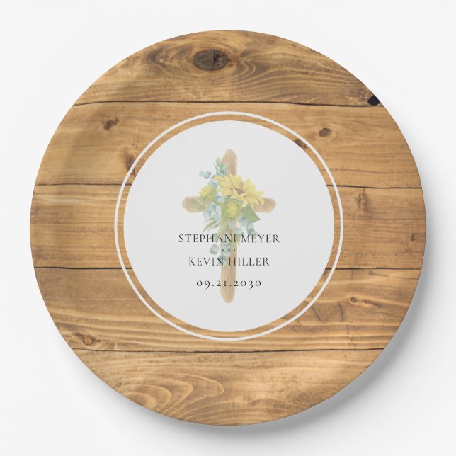 Sunflower Wooden Cross Round Wedding Paper Plates (Front)