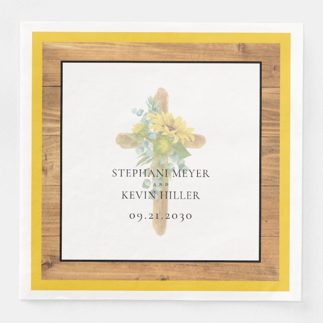 Sunflower Wooden Cross Wedding Paper Dinner Napkins (Front)