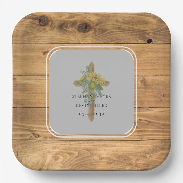 Sunflower Wooden Cross Wedding Paper Plates (Front)