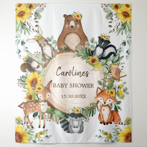 Sunflower Woodland Animals Baby Shower Welcome Tapestry