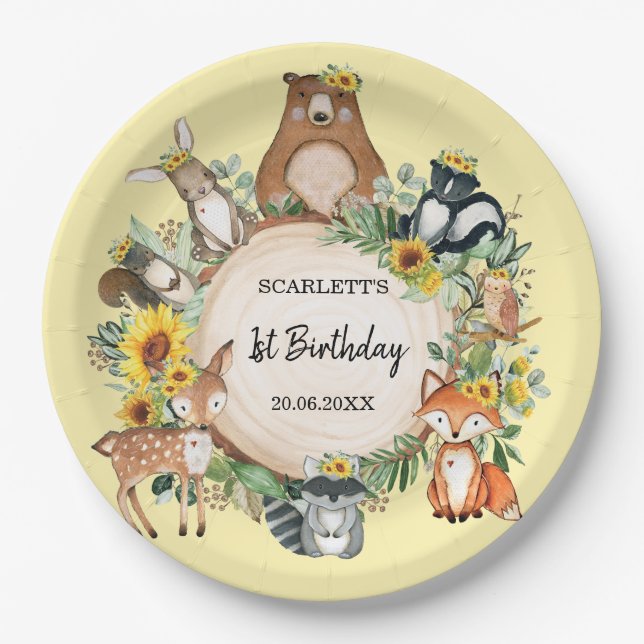 Sunflower Woodland Forest Animals Baby Birthday Paper Plates (Front)