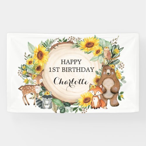 Sunflower Woodland Forest Animals Happy Birthday Banner