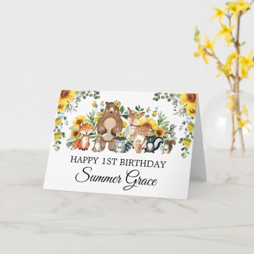 Sunflower Woodland Forest Animals Happy Birthday Card