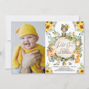 Sunflower Woodland Wild One 1st Birthday Photo Invitation