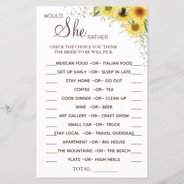 Sunflower Would She Rather shower game card Flyer (Front)
