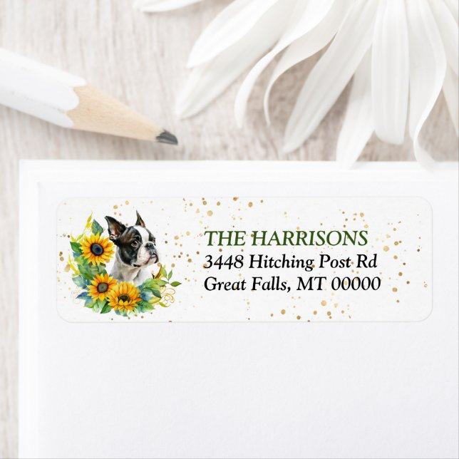 Sunflower Wreath Boston Terrier Dog Return Address Label (Insitu)