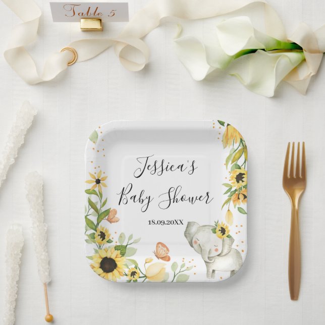 Sunflower Wreath Elephant Baby Shower Paper Plates (Wedding)