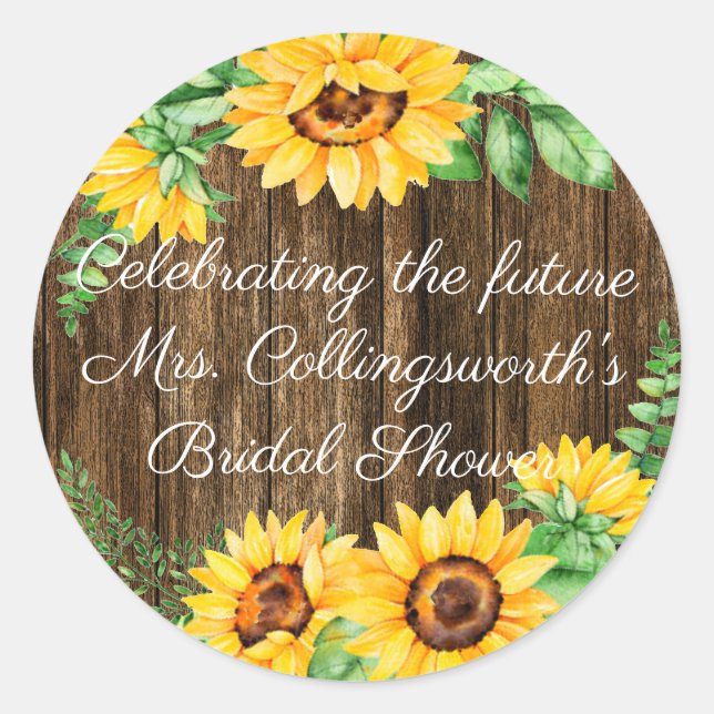 Sunflower Wreath On Barn Wood Look Guest Favor Classic Round Sticker (Front)