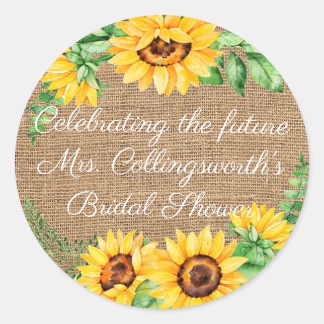 Sunflower Wreath On Burlap Look Guest Favor Classic Round Sticker (Front)