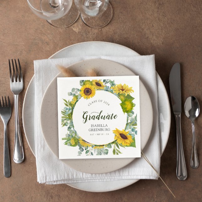Sunflower Wreath Script Graduation Party Napkins (Sunflower Wreath Script Graduation Party Napkins)