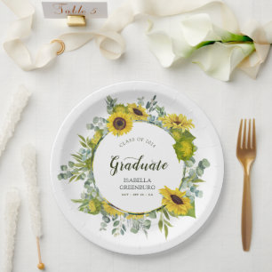 Sunflower Wreath Script Graduation Party Paper Plates