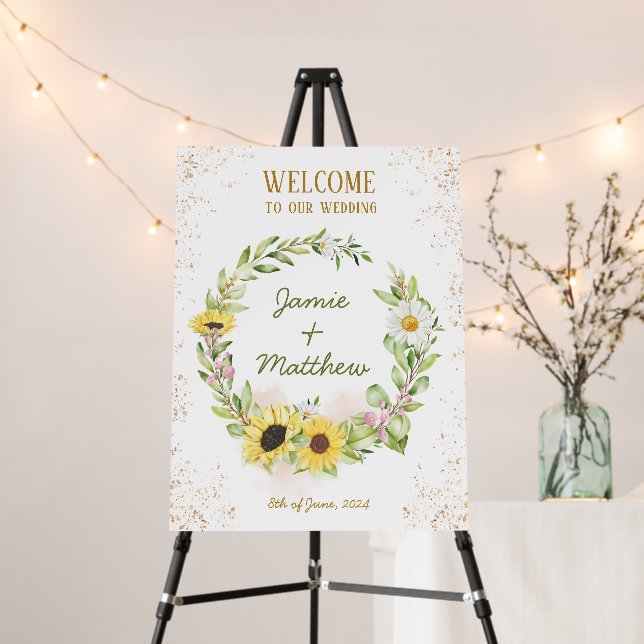 Sunflower Wreath Summer Fall Happy Wedding Welcome Foam Board (In Situ (Stand))