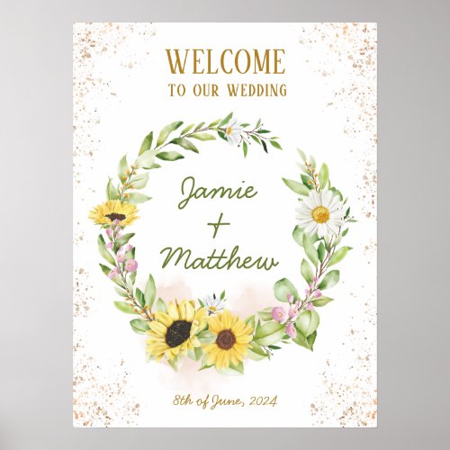 Sunflower Wreath Summer Fall Happy Wedding Welcome Poster