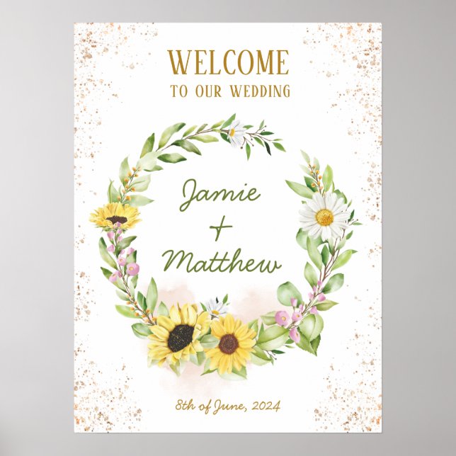 Sunflower Wreath Summer Fall Happy Wedding Welcome Poster (Front)