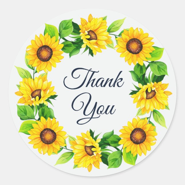 Sunflower Wreath Thank You White Classic Round Sticker (Front)