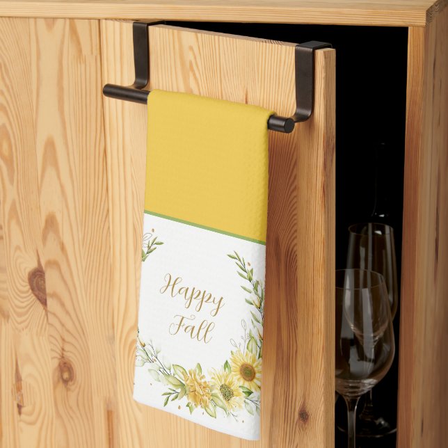 Sunflower wreath with customizable text  kitchen t towel (Thirds Fold)