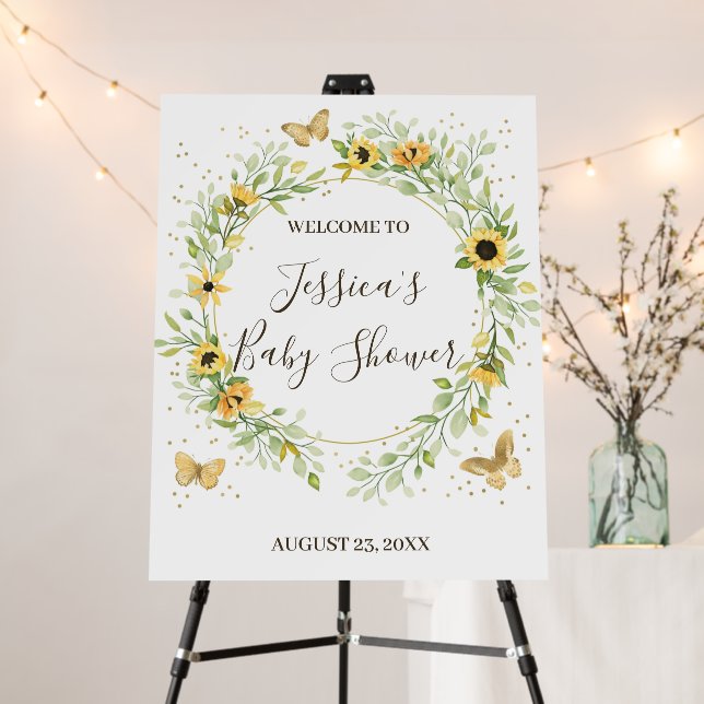 Sunflower Wreath with Cute Butterflies Baby Shower Foam Board (In Situ (Stand))