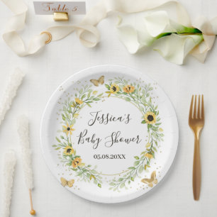 Sunflower Wreath with Cute Butterflies Baby Shower Paper Plates