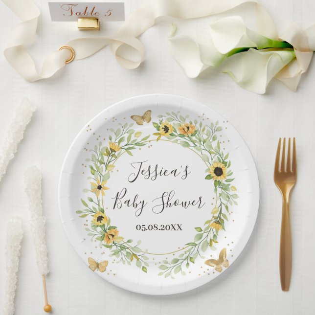 Sunflower Wreath with Cute Butterflies Baby Shower Paper Plates (Wedding)