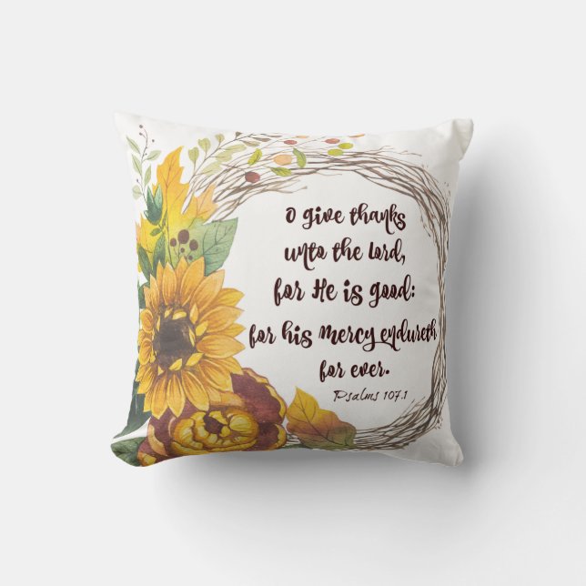 Sunflower Wreath with Give Thanks Bible Verse Throw Pillow (Front)