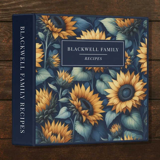 Sunflower Yellow and Navy Blue Rustic Recipe 3 Ring Binder (Creator Uploaded)