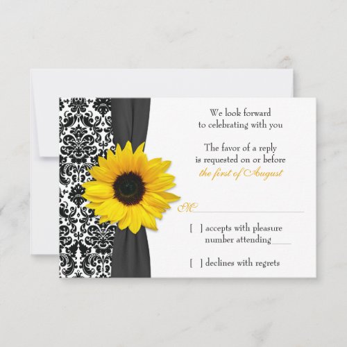 Sunflower Yellow Black Damask Wedding RSVP Reply
